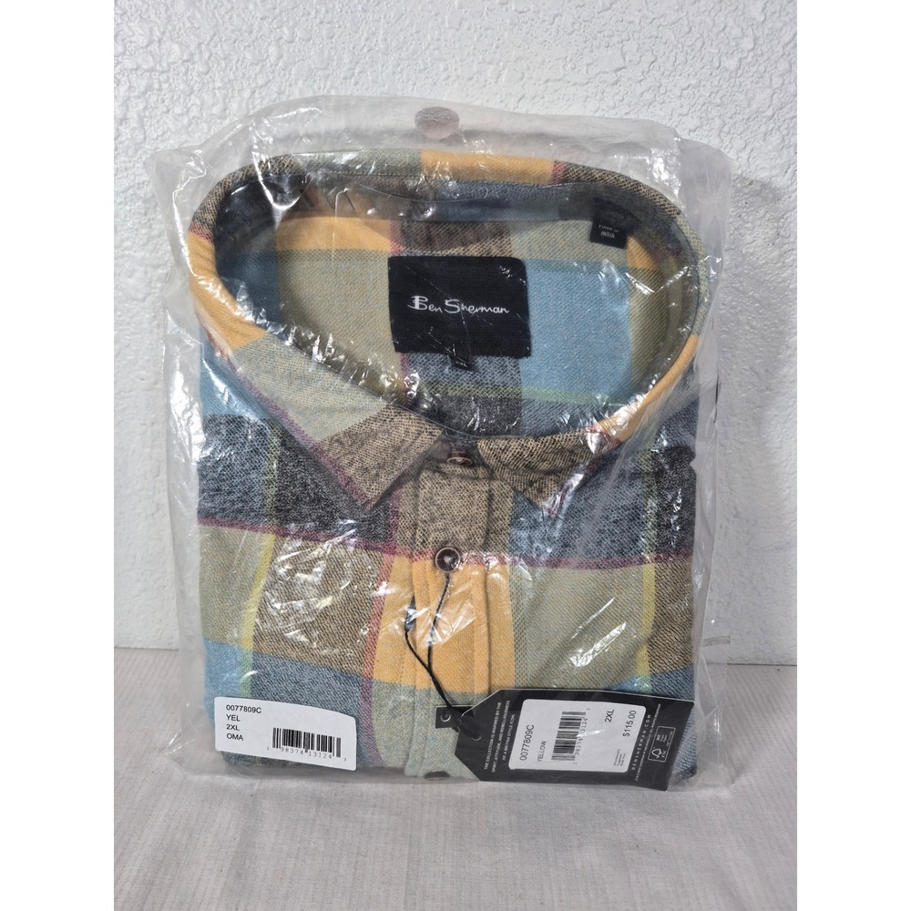 Ben Sherman Mens Plaid Button Down Shirt Yellow Blue 2XL 0077809C New